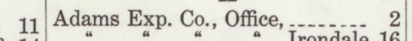 The line reading Adams Exp. Co., Office in the 1915 atlas index