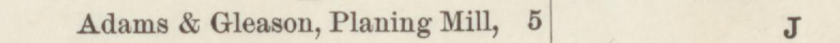 The line reading Adams & Gleason, Planing Mill, 5 in the 1884 atlas index