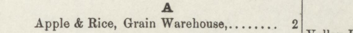 The line reading Apple & Rice, Grain Warehouse in the 1886 atlas index