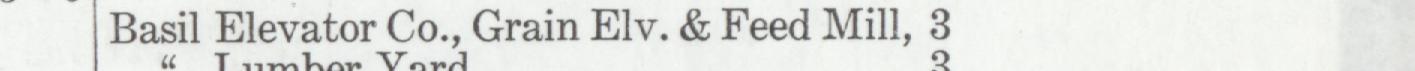The line reading Basil Elevator Co., Grain Elv. & Feed Mill in the 1946 atlas index