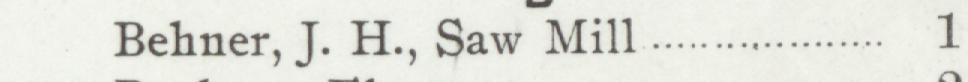 The line reading Behner, J. H., Saw Mill in the 1901 atlas index