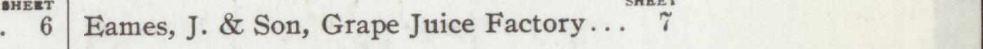 The line reading Eames, J. & Son, Grape Juice Factory in the 1906 atlas index