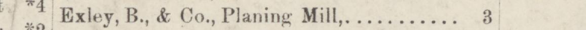 The line reading Exley, B., & Co., Planing Mill in the 1885 atlas index