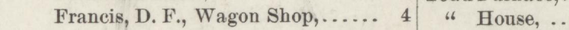 The line reading Francis, D. F., Wagon Shop in the 1884 atlas index
