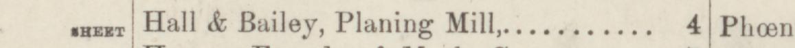 The line reading Hall & Bailey, Planing Mill in the 1884 atlas index