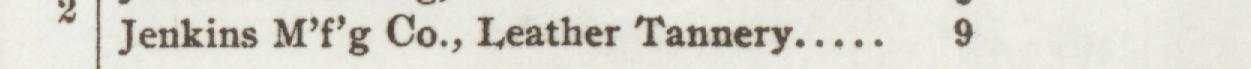 The line reading Jenkins M'f'g Co., Leather Tannery in the 1905 atlas index