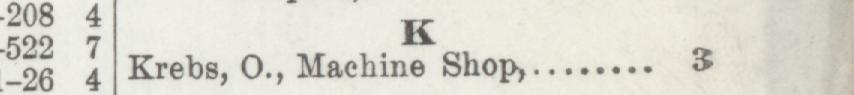 The line reading Krebs, O, Machine Shop in the 1900 atlas index