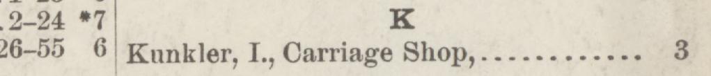 The line reading Kumkier, I, Carriage Shop in the 1887 atlas index