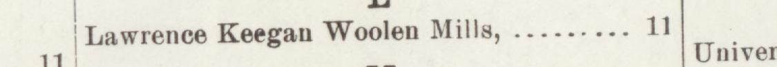The line reading Lawrence Keegan Woolen Milla in the 1898 atlas index