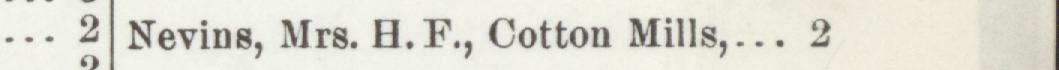 The line reading Nevins, Mrs. H. F., Cotton Mills, 3 in the 1904 atlas index