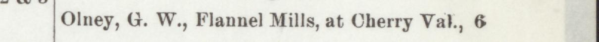 The line reading Olney, G. W., Flannel Mills at Cherry Val, 6 in the 1904 atlas index