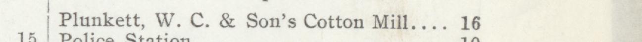 The line reading Plunkett, W. C. & Son's Cotton Mill in the 1908 atlas index