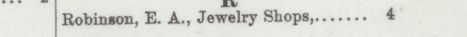 The line reading Robinsom, E. A., Jewelry Shops in the 1889 atlas index