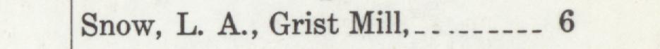 The line reading Snow, L. A., Grist Mill in the 1910 atlas index