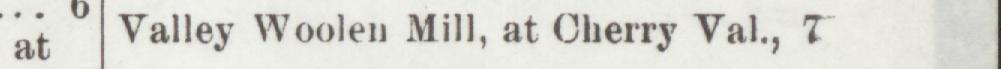 The line reading Valley Woolen Mill, at Cherry Val., 7 in the 1889 atlas index