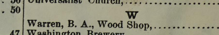 The line reading Warren, B. A., Wood Shop in the 1895 atlas index