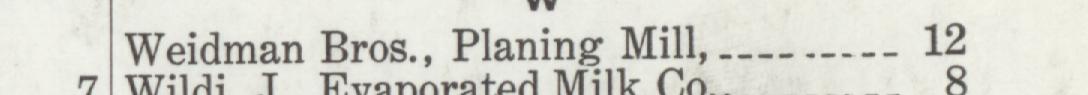The line reading Weidman Bros.,Planing Mill in the 1916 atlas index