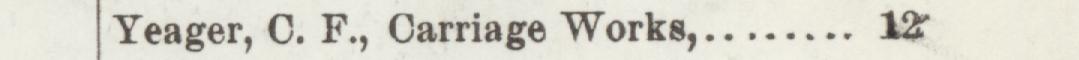 The line reading Yeager, C. F., Carriage Works in the 1898 atlas index
