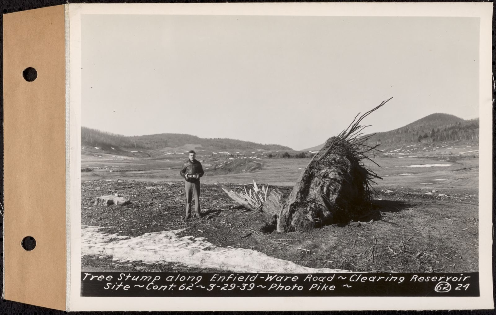 Contract No. 62, Clearing Lower Middle and East Branches, Quabbin Reservoir, Ware, New Salem, Petersham and Hardwick, tree stump along Enfield-Ware Road, Enfield and Ware, Mass., Mar. 29, 1939, Massachusetts Archives - undated
