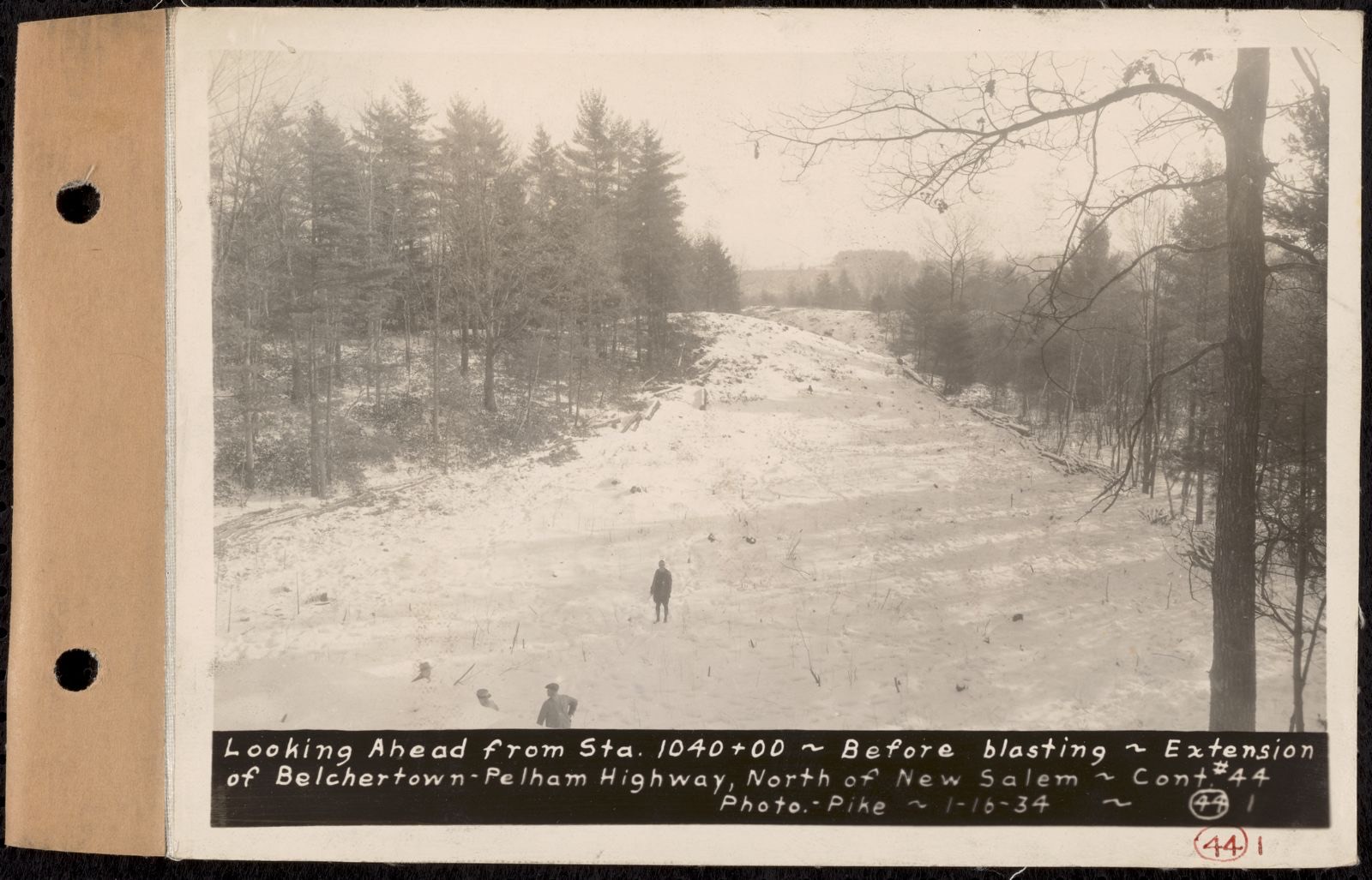 Contract No. 44, Extension of Belchertown-Pelham Highway, New Salem, Orange, looking ahead from Sta. 1040+00, before blasting, New Salem, Mass., Jan. 16, 1934, Massachusetts Archives - undated