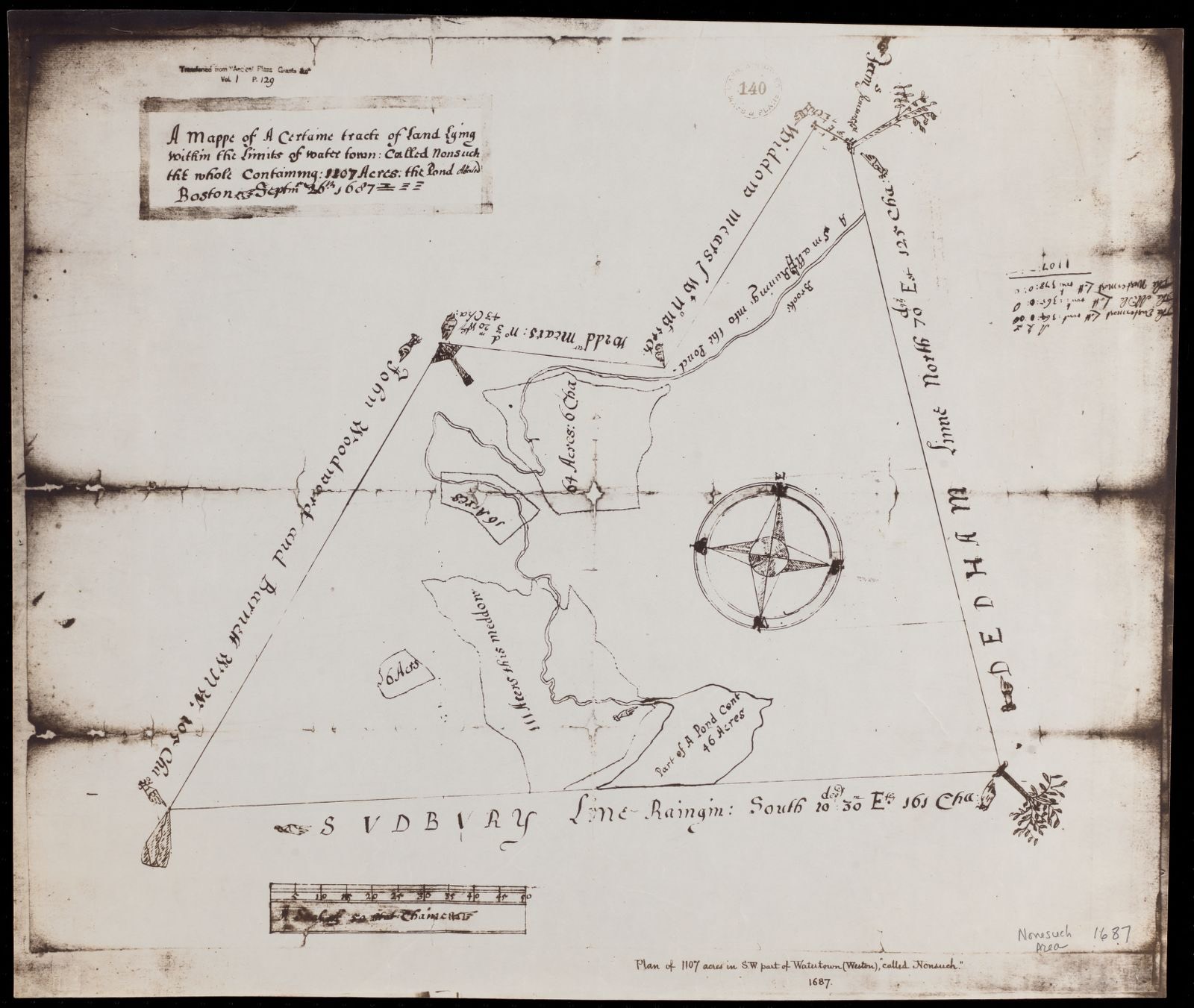 A mappe of a certaine tract of land lying within the limits of Watertown, called Nonsuch, the whole containing 1107 acres, Wayland Free Public Library - undated
