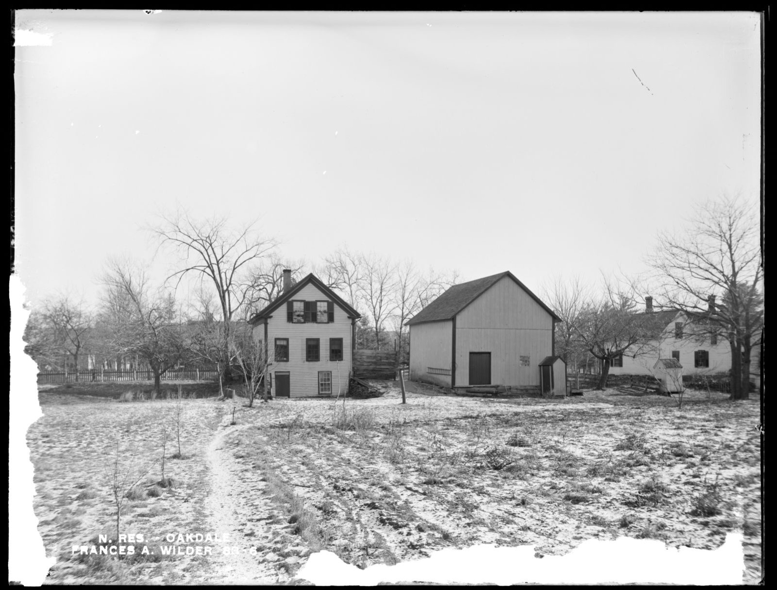 Wachusett Reservoir, Frances A. Wilder's house and stable, on the west side of Newton Street, near Holden Street, from the west, Oakdale, West Boylston, Mass., Jan. 13, 1897, Massachusetts Archives - undated