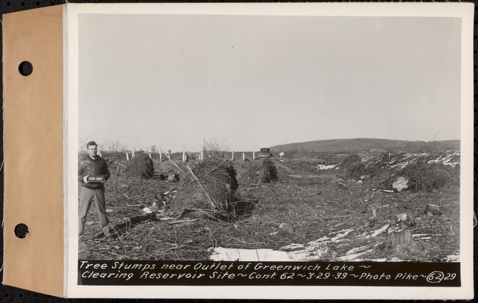 Contract No. 62, Clearing Lower Middle and East Branches, Quabbin Reservoir, Ware, New Salem, Petersham and Hardwick, tree stumps near outlet of Greenwich Lake, Enfield and Ware, Mass., Mar. 29, 1939, Massachusetts Archives - undated
