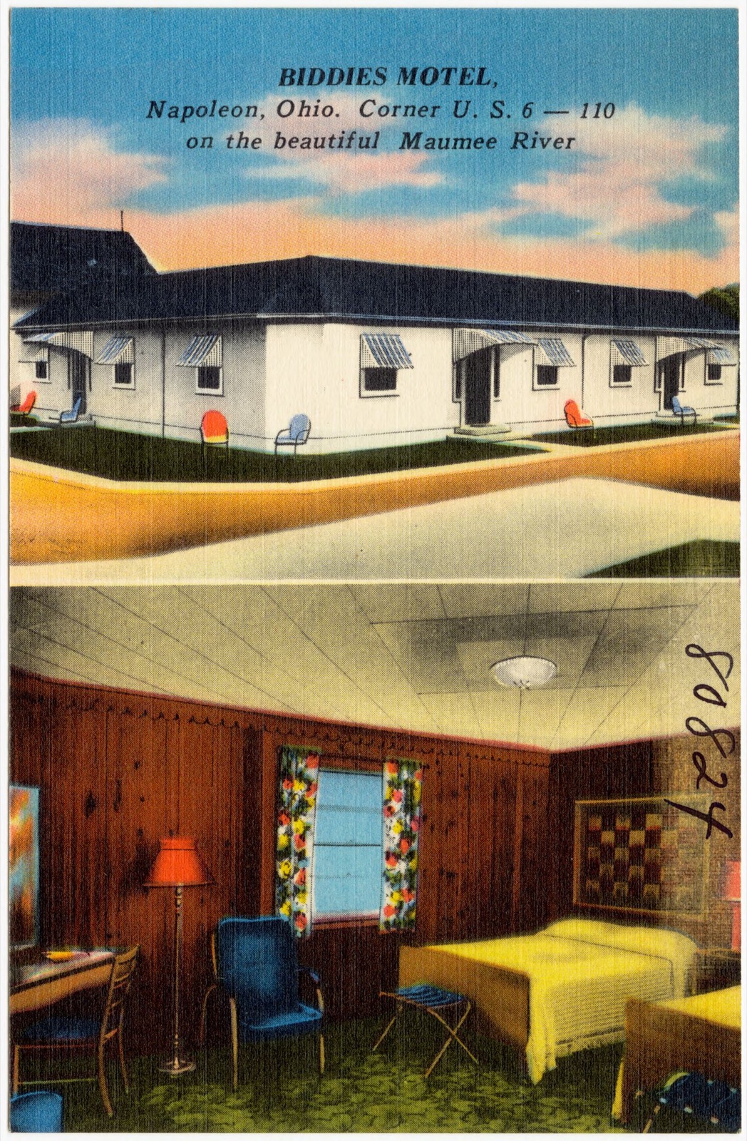 Biddies Motel, Napoleon, Ohio. Corner U.S. 6 -- 110 on the beautiful Maumee River, Boston Public Library - undated