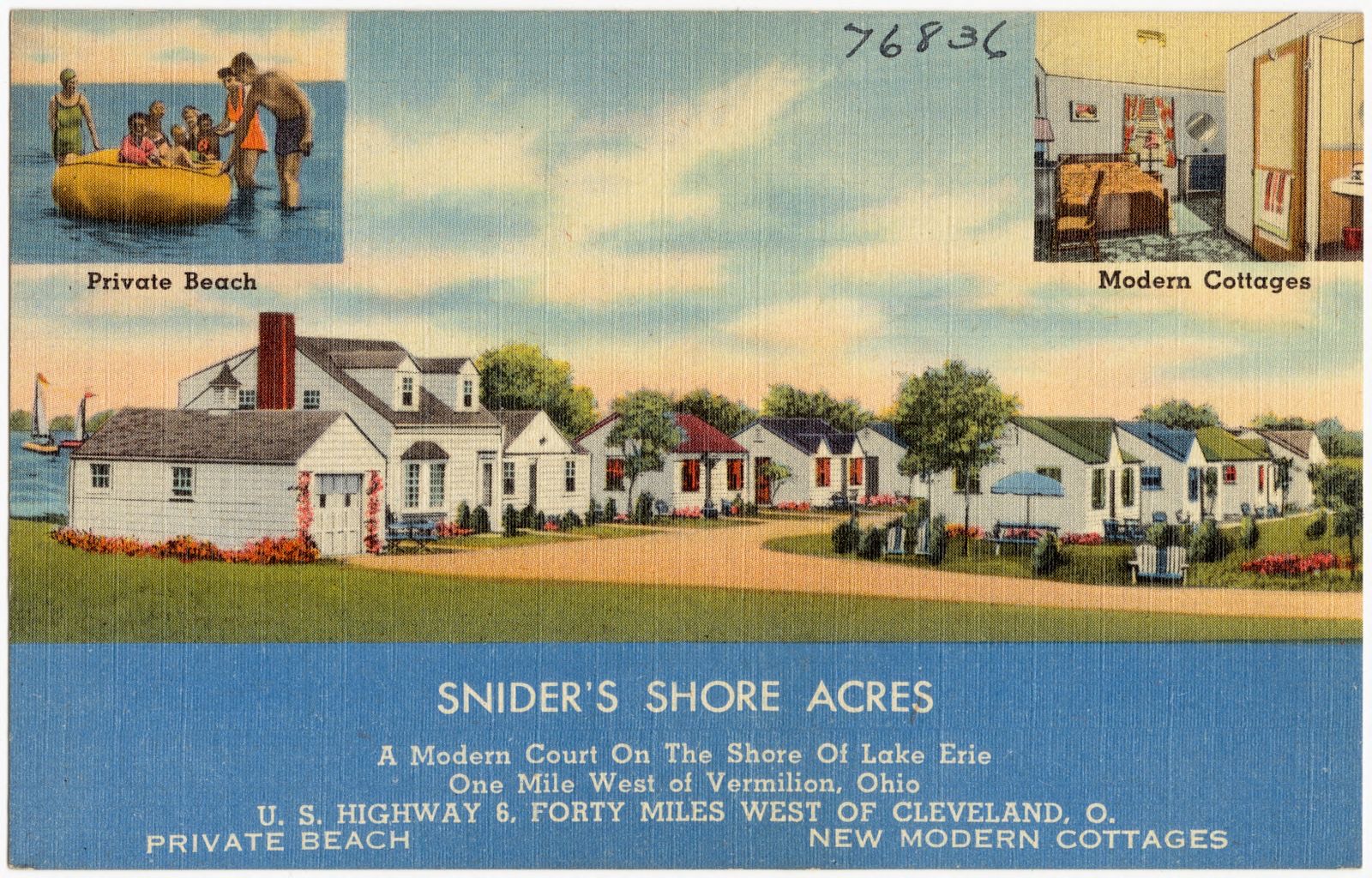 Snider's Shore Acres, a modern court on the shore of the Lake Erie, one mile west of Vermilion, Ohio. U.S. Highways 6, forty miles west of Cleveland, O., Boston Public Library - undated