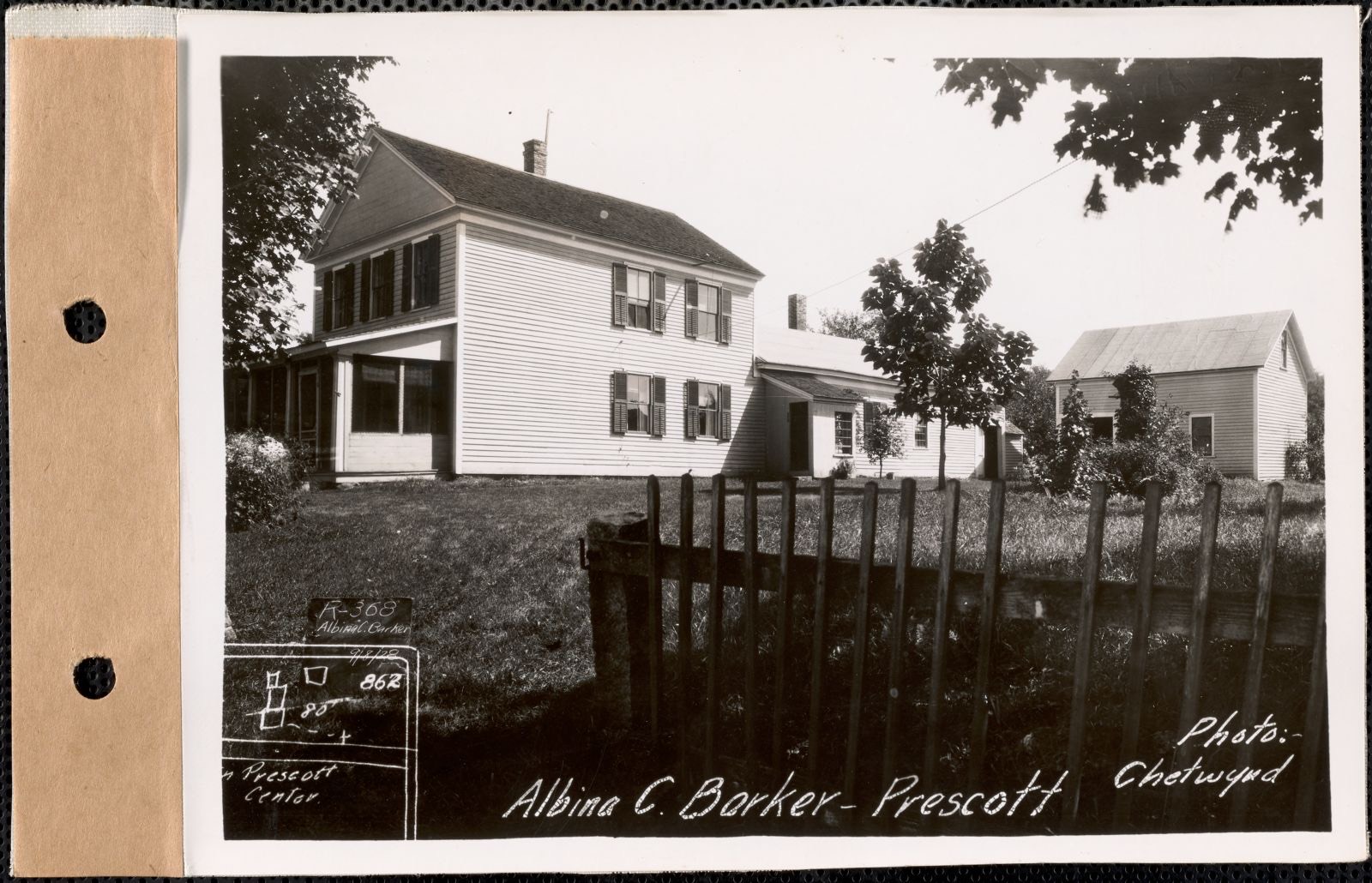 Albina C. Barker, house, barn, Prescott Center, Prescott, Mass., Sep. 8, 1928 Parcel no. 368-16, Albina C. Barker, Massachusetts Archives - undated