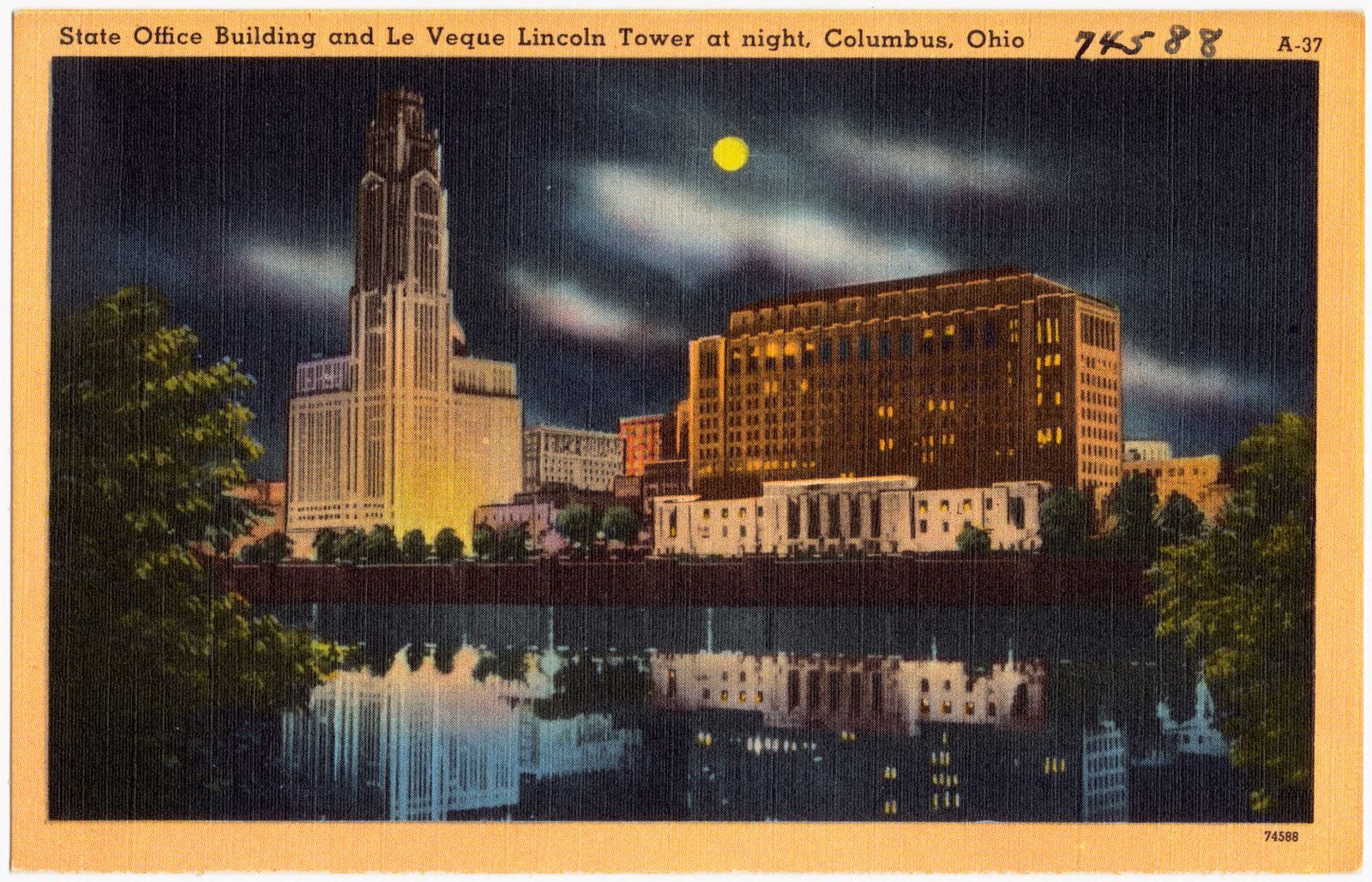 State office building and Le Veque Lincoln Tower at night, Columbus, Ohio, Boston Public Library - undated