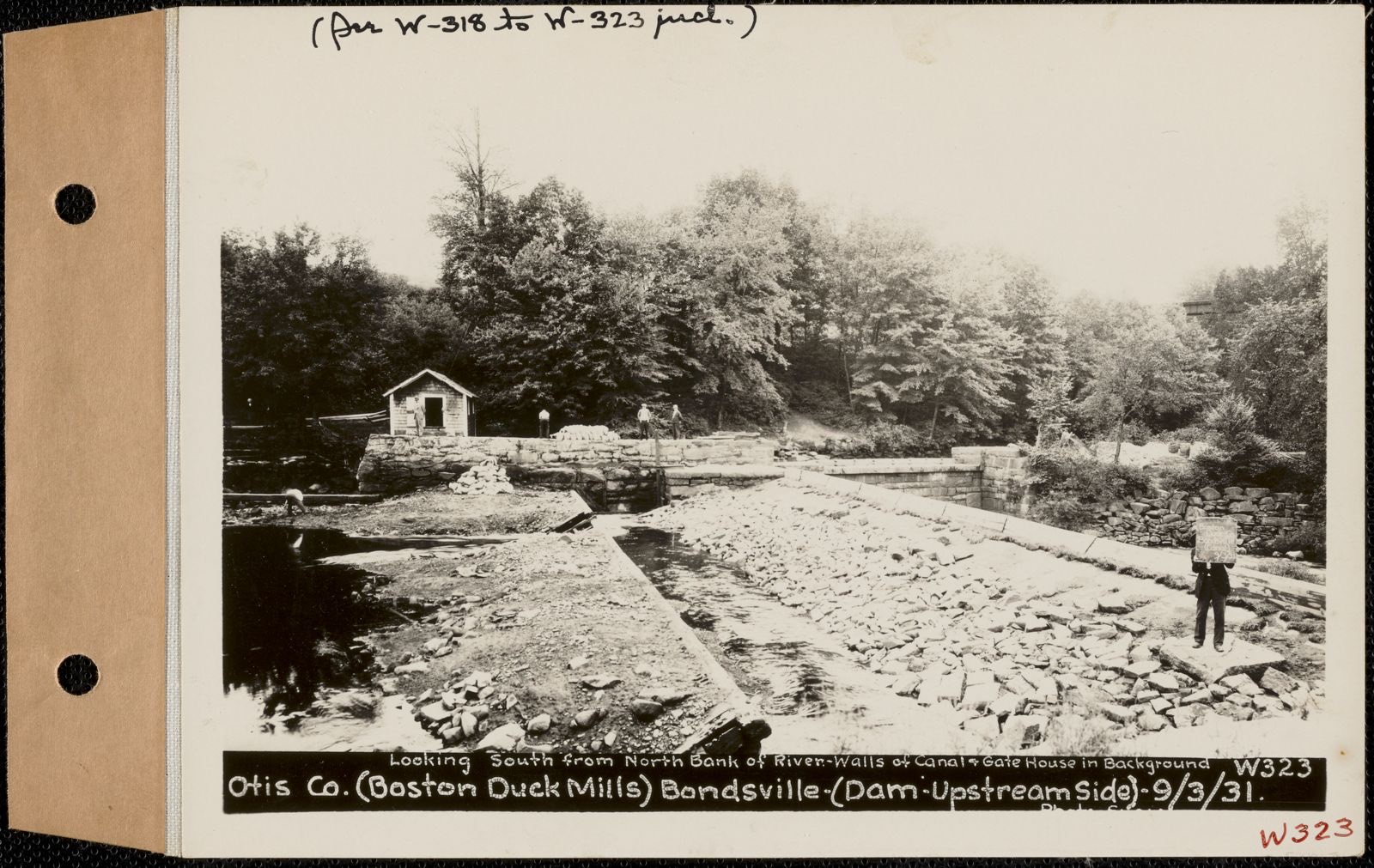 Otis Co. (Boston Duck Mills), dam, upstream side, Bondsville, Palmer, Mass., Sep. 3, 1931 Looking south from north bank of river, walls of canal and gate house in background, Massachusetts Archives - undated