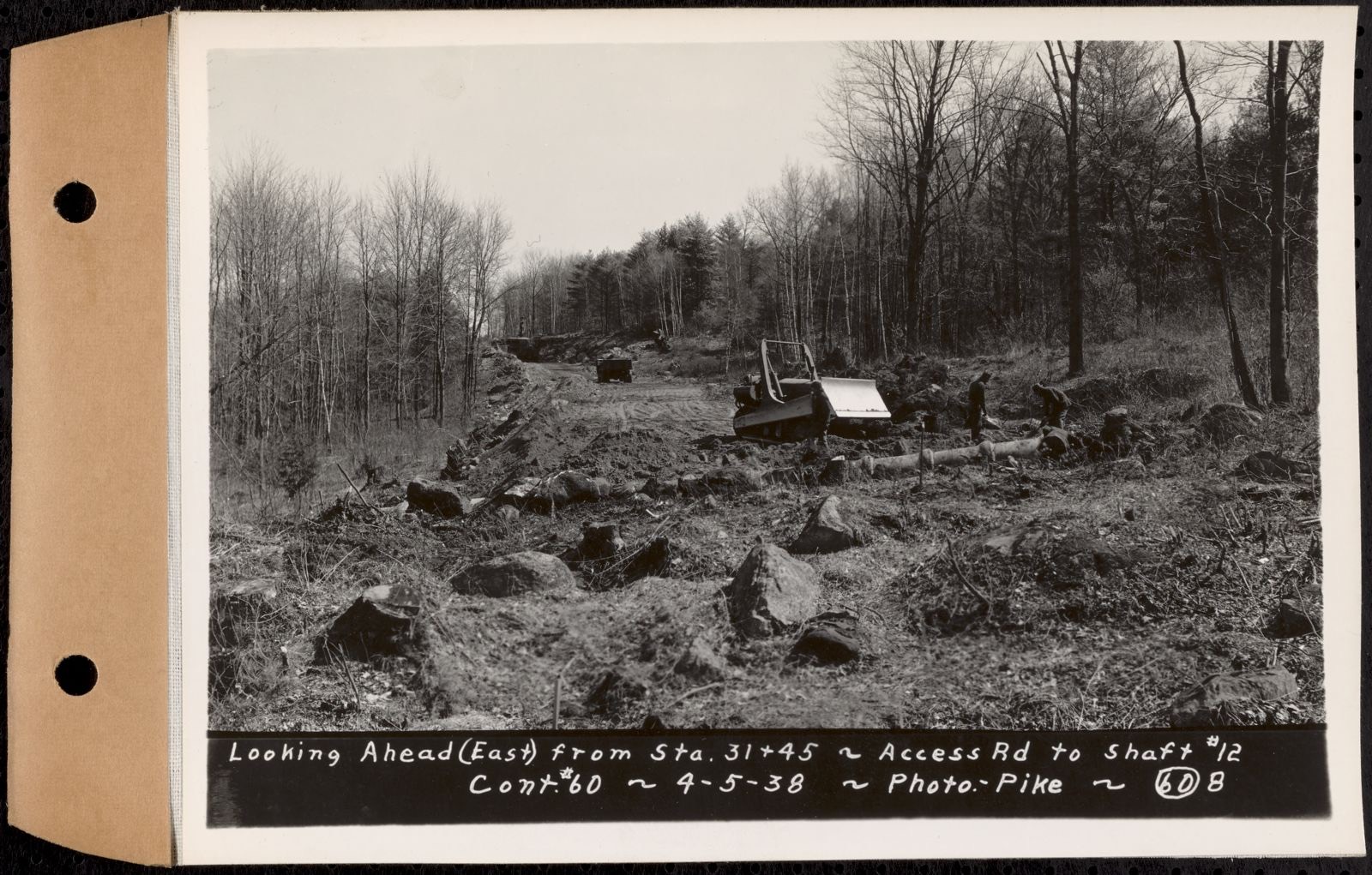 Contract No. 60, Access Roads to Shaft 12, Quabbin Aqueduct, Hardwick and Greenwich, looking ahead (east) from Sta. 31+45, Greenwich and Hardwick, Mass., Apr. 5, 1938, Massachusetts Archives - undated