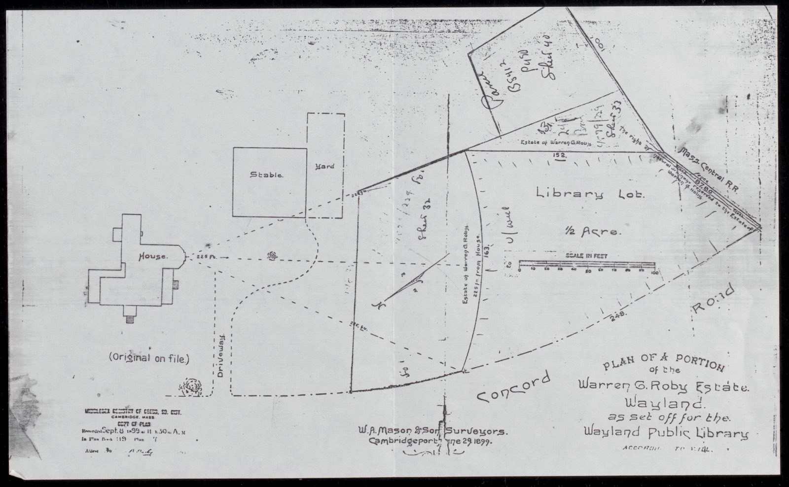 Plan of a portion of the Warren G. Roby estate, Wayland as set off for the Wayland Public Library, 1899, Wayland Free Public Library - undated