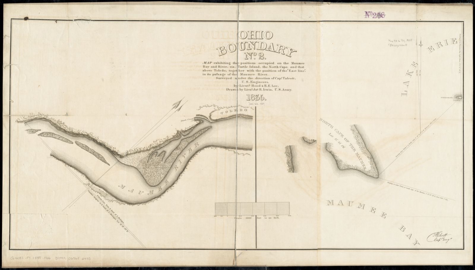 Ohio boundary no. 2 map exhibiting the positions occupied on the Maumee Bay and river: viz: Turtle Island, the North Cape, and that above Toledo, together with the position of the "east line," in its passage of the Maumee River surveyed under the direction of Capt. Talcott, U.S. Engineers, by Lieuts. Hood & R.E. Lee, Boston Public Library - undated