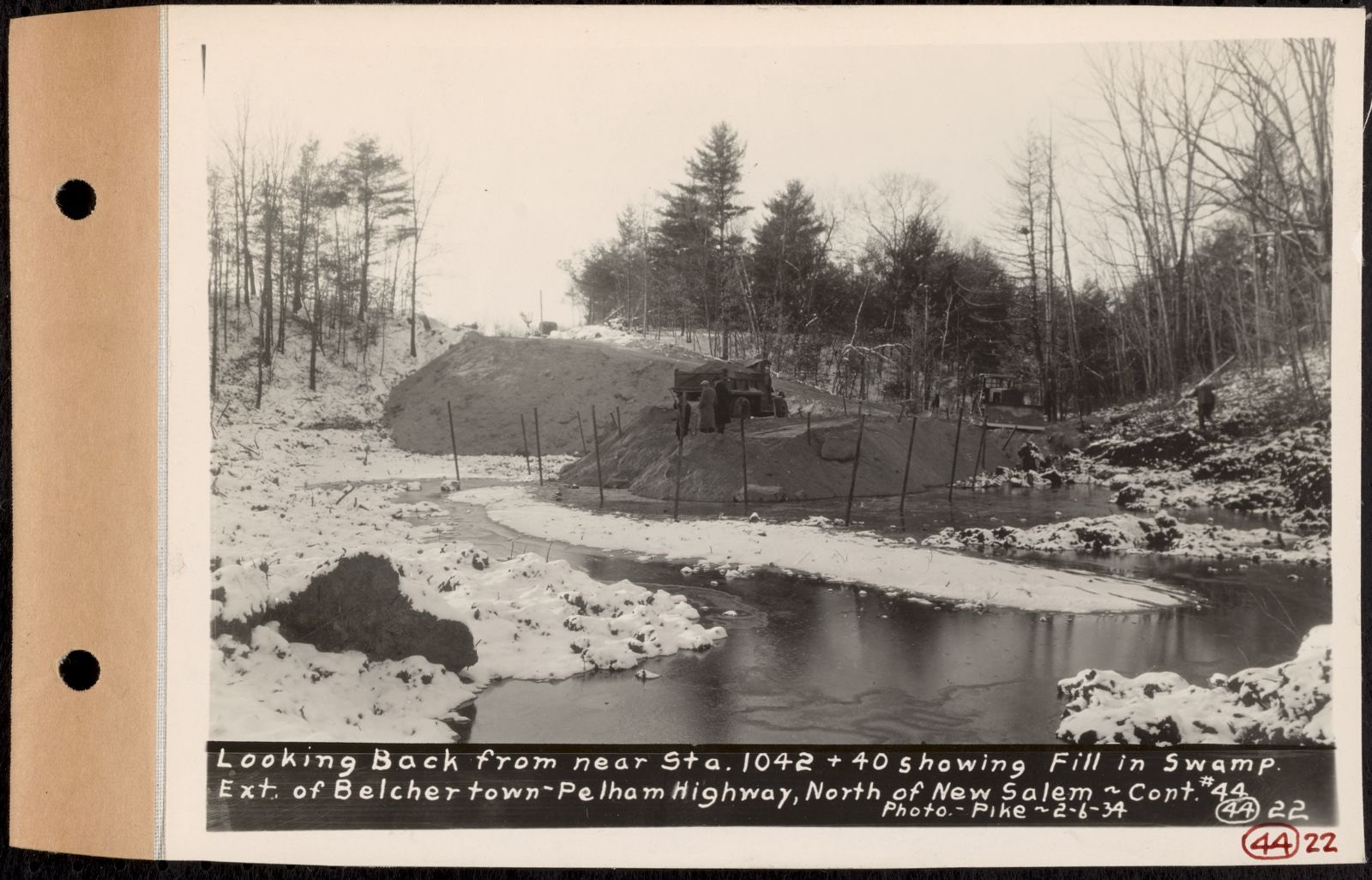 Contract No. 44, Extension of Belchertown-Pelham Highway, New Salem, Orange, looking back from near Sta. 1042+40 showing fill in swamp, New Salem, Mass., Feb. 6, 1934, Massachusetts Archives - undated