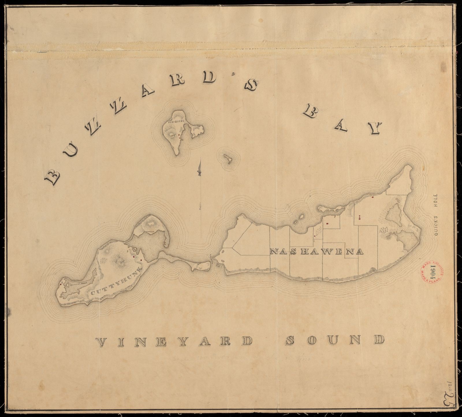 Plan of Elizabeth Islands (Nashawena, Cuttyhunk, and Peniquese), surveyor's name not given, dated 1830, Massachusetts Archives - undated
