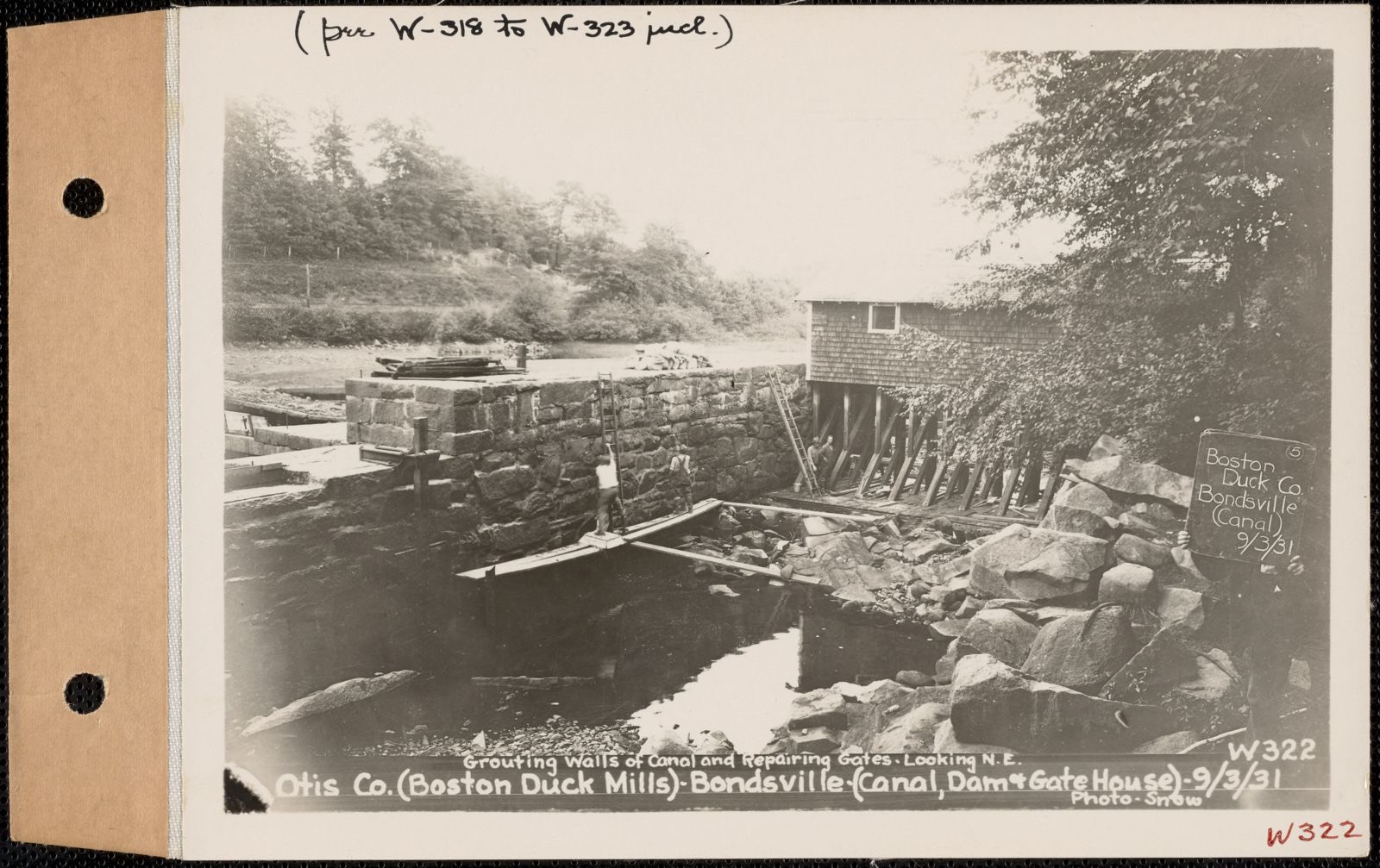 Otis Co. (Boston Duck Mills), canal, dam, and gate house, Bondsville, Palmer, Mass., Sep. 3, 1931 Grouting walls of canal and repairing gates, looking northeast, Massachusetts Archives - undated