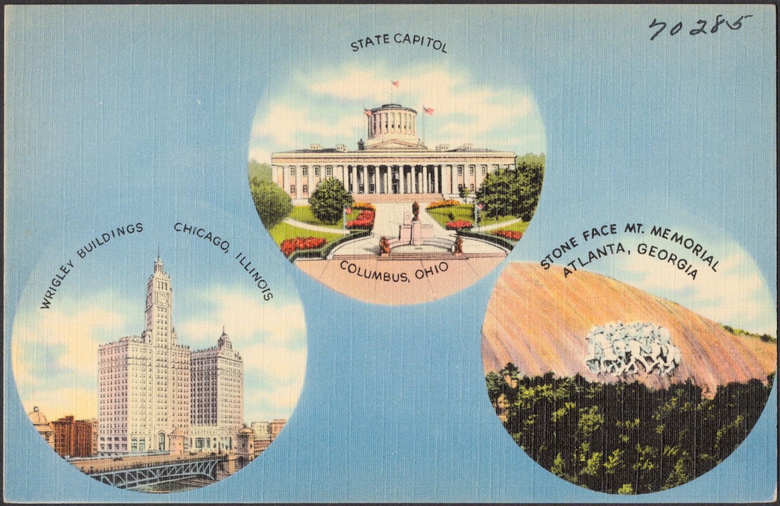 State capitol, Columbus, Ohio. Wrigley Buildings, Chicago, Illinois. Stone Face Mt. Memorial, Atlanta, Georgia, Boston Public Library - undated