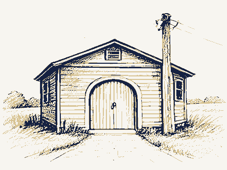 Decorative drawing: a fire station with an arched engine door and a hose tower. Not a photograph of this place.