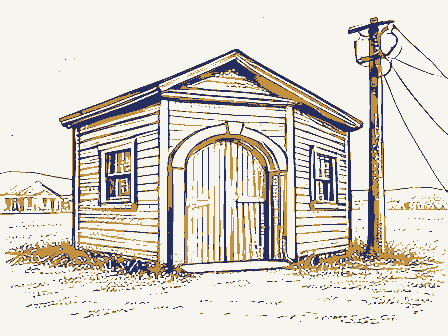 Decorative drawing: a fire station with an arched engine door and a hose tower. Not a photograph of this place.