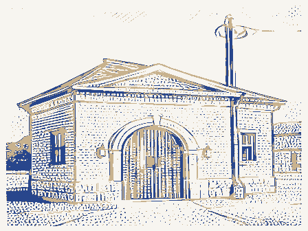 Decorative drawing: a fire station with an arched engine door and a hose tower. Not a photograph of this place.