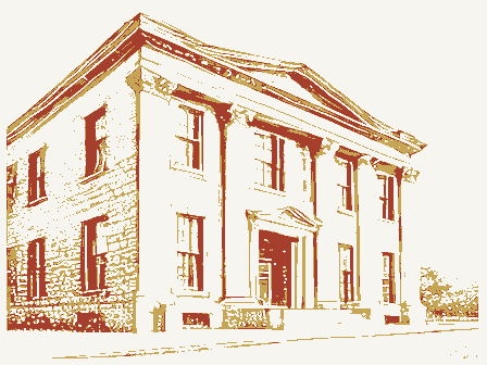 Decorative drawing: a stone bank building with columns and tall windows. Not a photograph of this place.