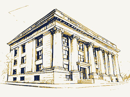 Decorative drawing: a stone bank building with columns and tall windows. Not a photograph of this place.
