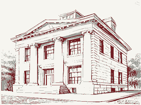 Decorative drawing: a stone bank building with columns and tall windows. Not a photograph of this place.