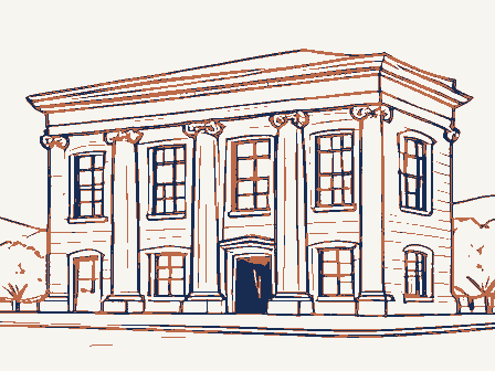 Decorative drawing: a stone bank building with columns and tall windows. Not a photograph of this place.