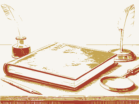 Decorative drawing: a thick bound ledger closed on a writing desk, an inkwell, a quill and a brass letter scale.... Not a photograph of this place.