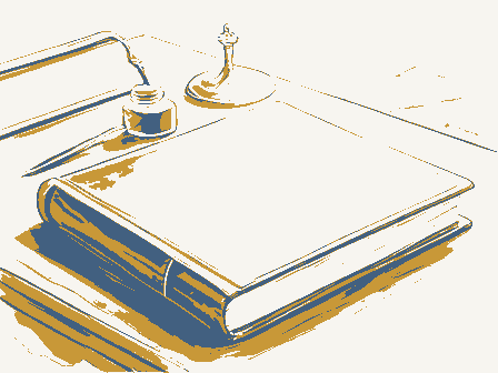 Decorative drawing: a thick bound ledger closed on a writing desk, an inkwell, a quill and a brass letter scale.... Not a photograph of this place.