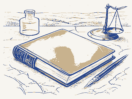 Decorative drawing: a thick bound ledger closed on a writing desk, an inkwell, a quill and a brass letter scale.... Not a photograph of this place.