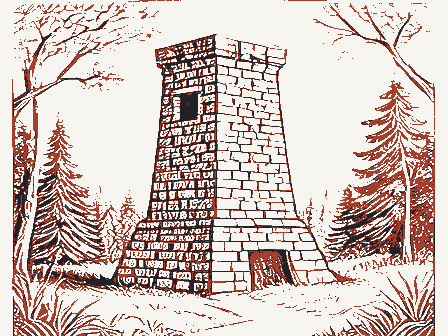 Decorative drawing: a stone blast furnace stack in woodland. Not a photograph of this place.